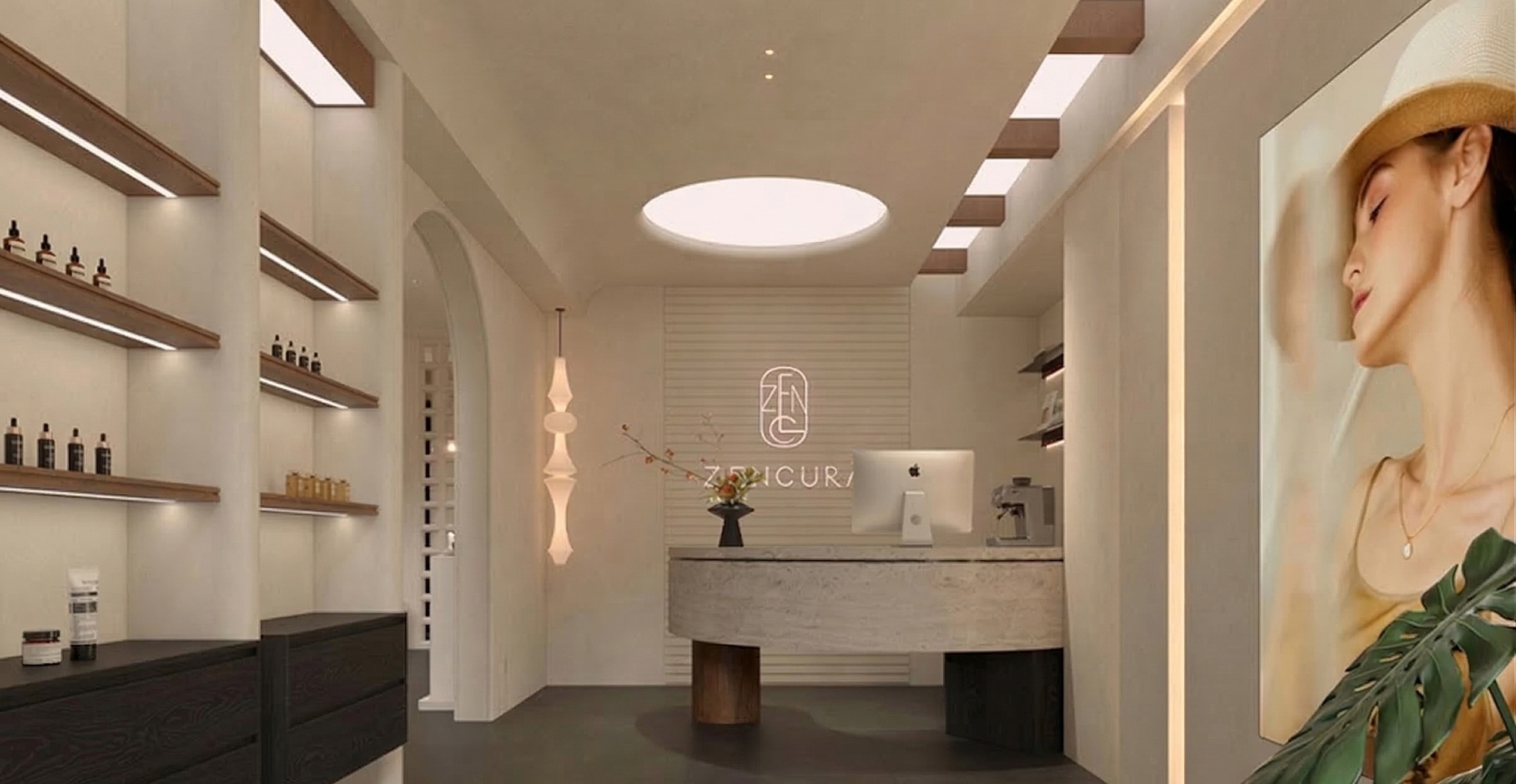 Modern spa reception with elegant decor and lighting.