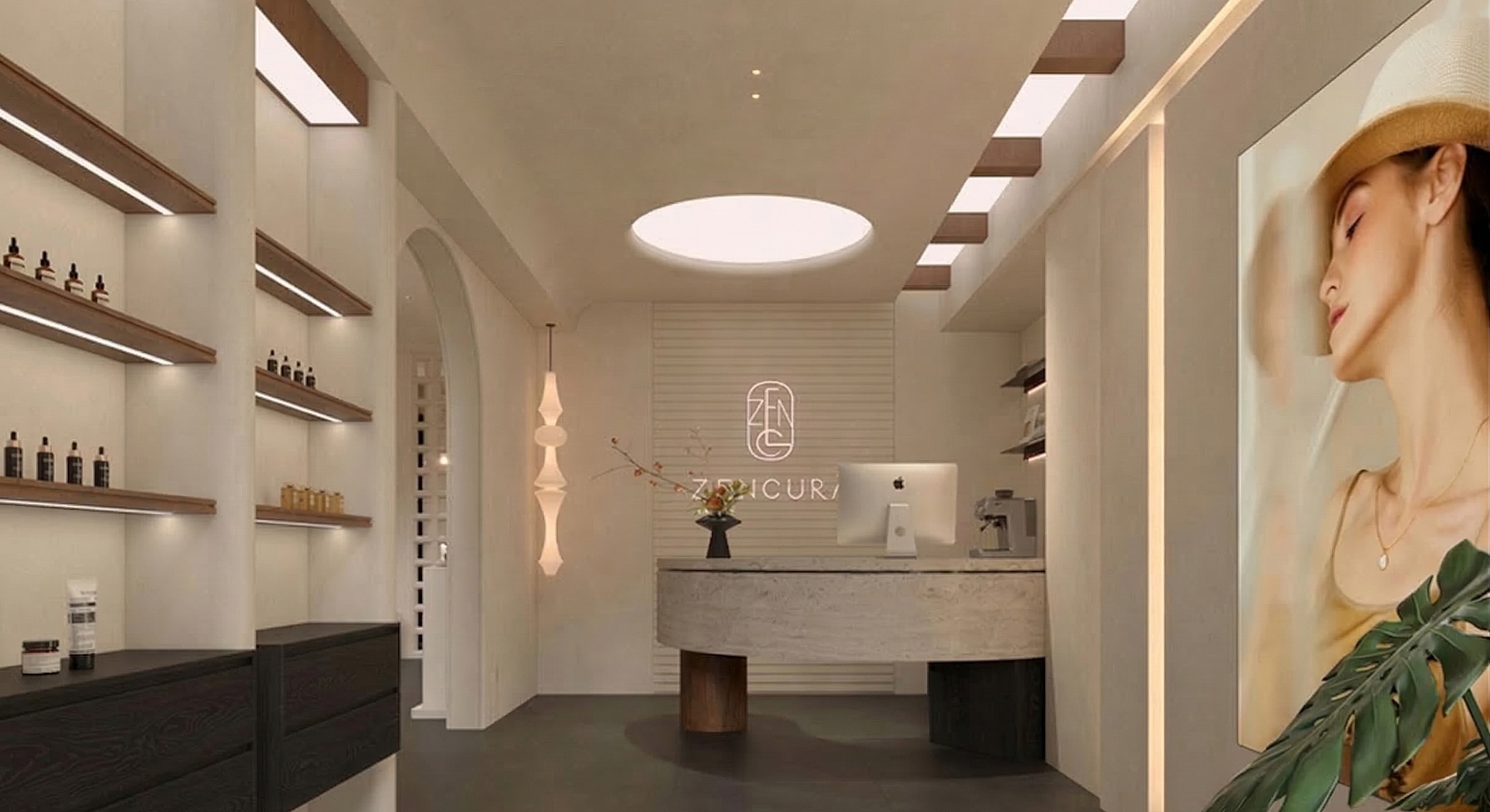 Minimalist spa reception with elegant decor.